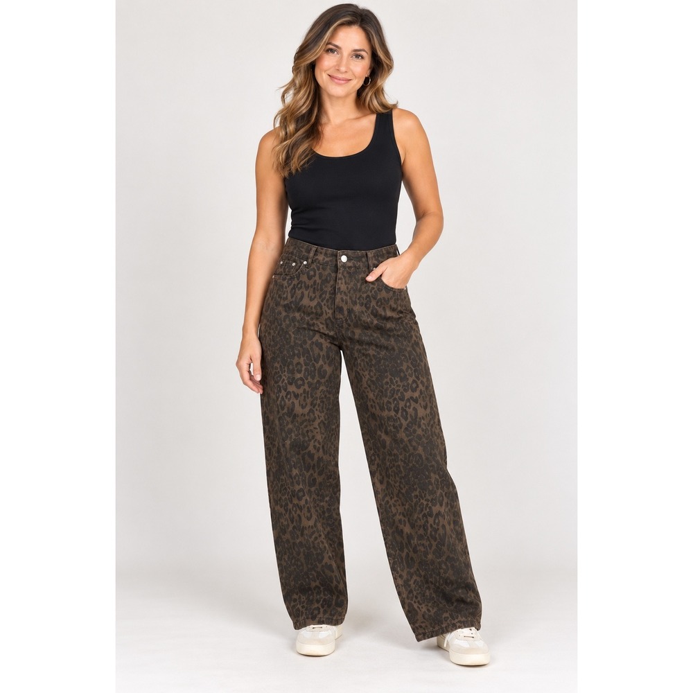 Unbranded Barrel Leopard Print Jeans Womens L Brown Black High Rise Straight Leg